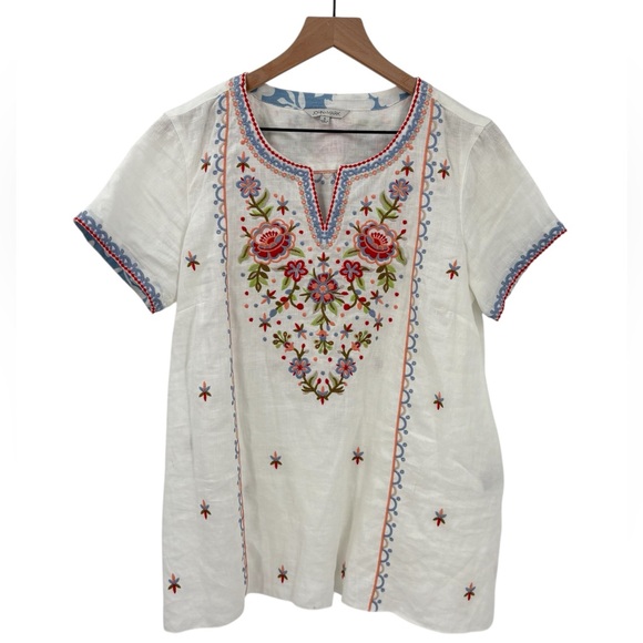 John Mark Tops - John Mark Line Embroidered Short Sleeve Blouse Small